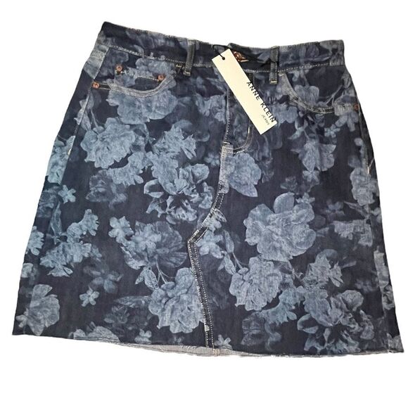 ANNE Klein Haiti Blue Floral Denim Skirt - Picture 1 of 8